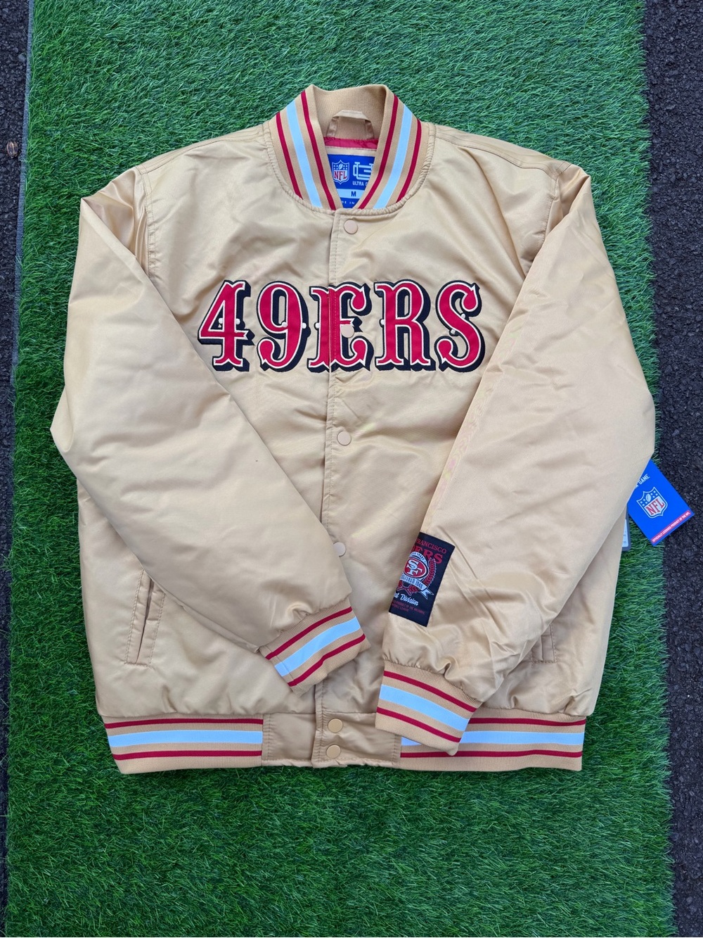 NFL 49ERS Tan Satin Bomber Jacket with Red & Black Lettering